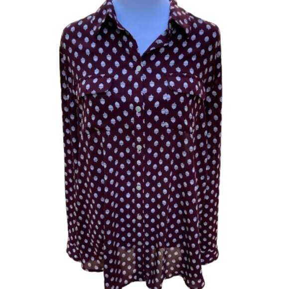 Ann Taylor LOFT Acorn Print Button Down Shirt Cranberry, Size Long Torso, Medium - Picture 3 of 14